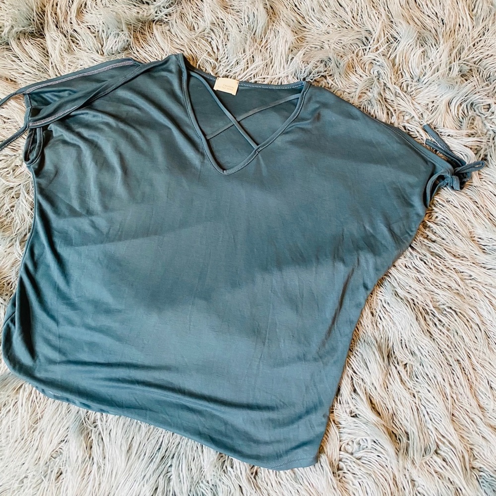 Teal top with strappy detail and tie sleeves